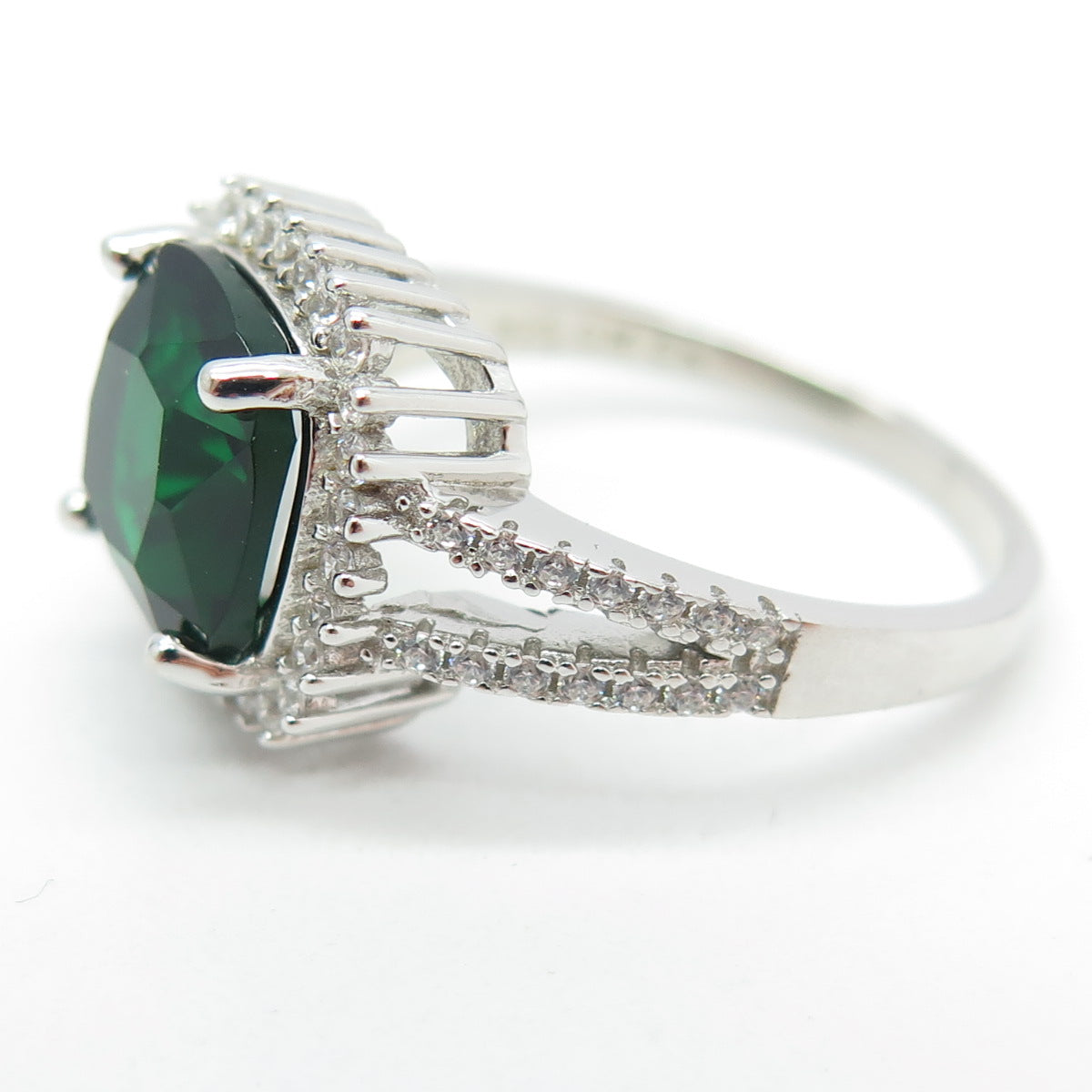 925 Sterling Silver Real Cushion-Cut Chrome Diopside & C Z Ring Size 9.25