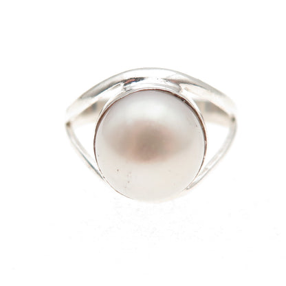 925 Sterling Silver Vintage Real Pearl Modernist Oxidized Ring Size 7