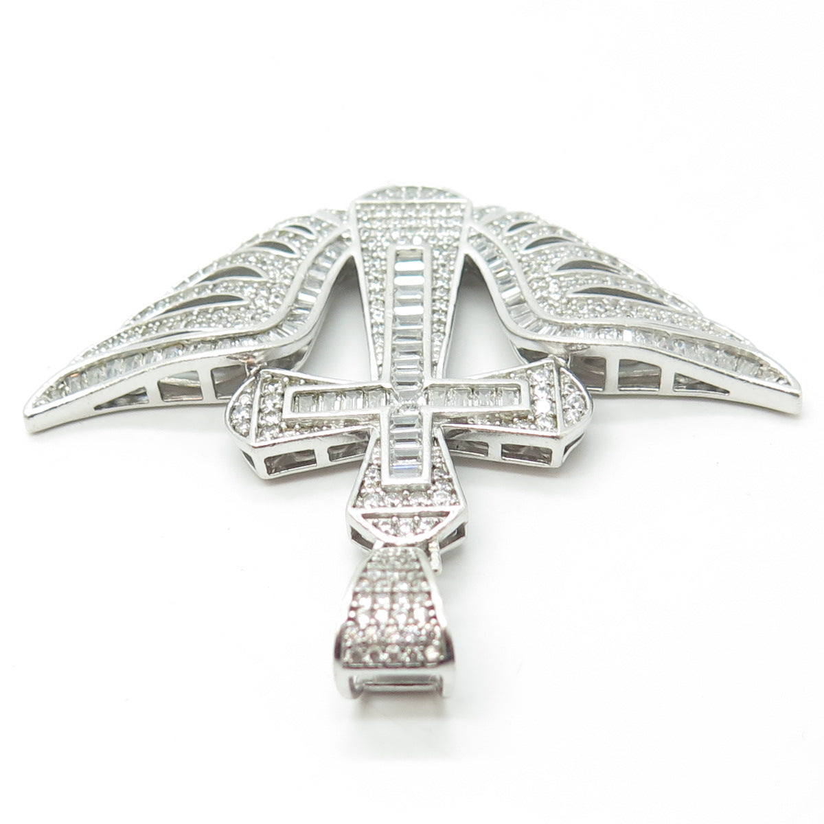 925 Sterling Silver Multi-Cut White C Z Cross & Angel Wings Pendant