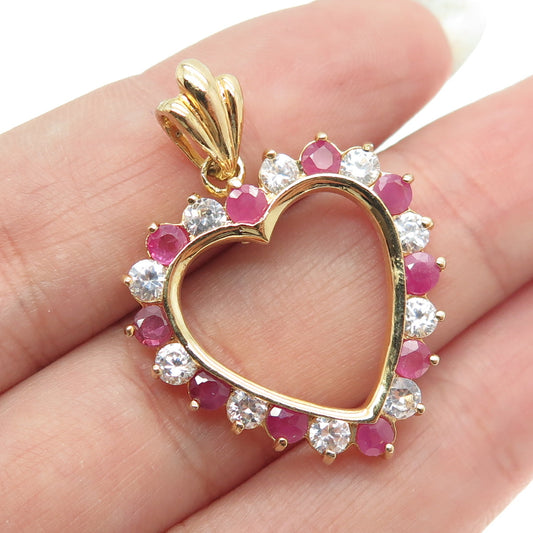 925 Sterling Silver Gold Plated Real Round-Cut Ruby & C Z Heart Pendant