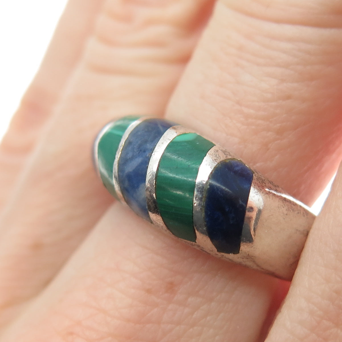 925 Sterling Silver Vintage Mexico Real Malachite & Sodalite Ring Size 8