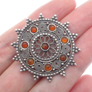 AZRIEL DAVID 925 Sterling Vintage Real Agate Fortune Wheel Oxidized Pin Pendant