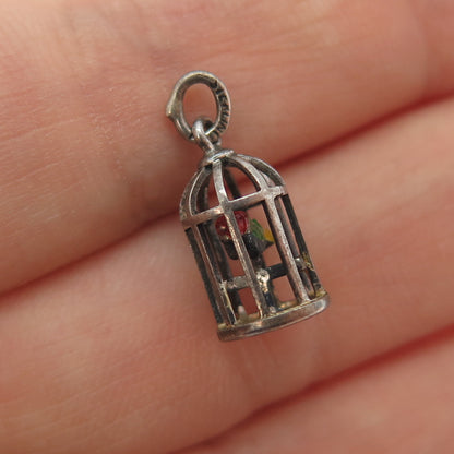 925 Sterling Silver Antique Enamel Bird Cage Oxidized Minimalist 3D Pendant