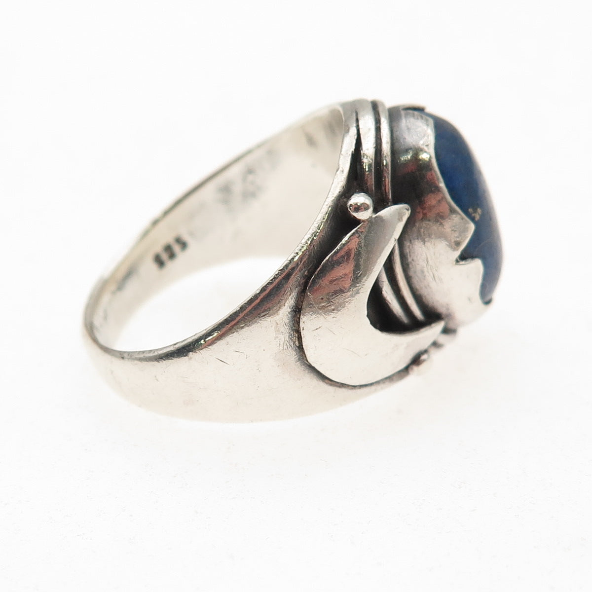 925 Sterling Silver Vintage Real Lapis Modernist Oxidized Ring Size 8.75