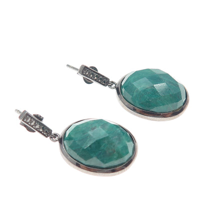 925 Sterling Silver Black Rhodium Real Oval-Cut Emerald Dangle Earrings