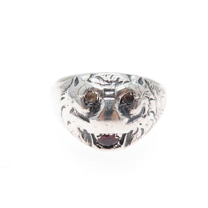 925 Sterling Silver Vintage Real Red Garnet Tiger Ring Size 8 (missing 2 stones)