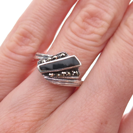 925 Sterling Silver Vintage Real Black Onyx & Marcasite Oxidized Ring Size 5.75