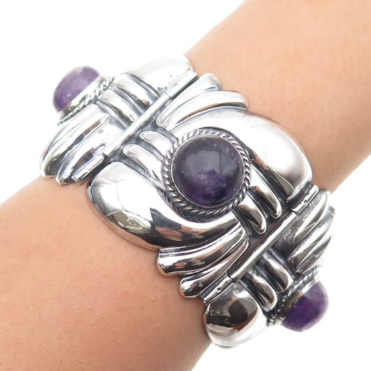 925 Sterling Silver Vintage Real Amethyst Modernist Heavy 106.3g Bracelet 7.5"