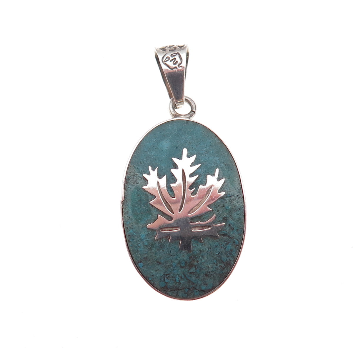 925 Sterling Silver Vintage Mexico Real Turquoise Inlay Cannabis Leaf Pendant
