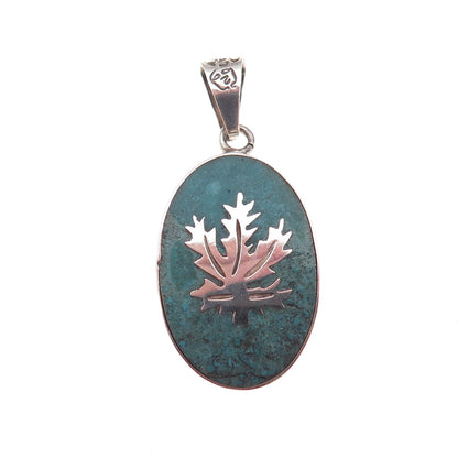 925 Sterling Silver Vintage Mexico Real Turquoise Inlay Cannabis Leaf Pendant