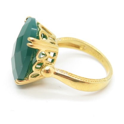 925 Sterling Silver Gold Plated Real Green Onyx Gemstone & C Z Ring Size 8