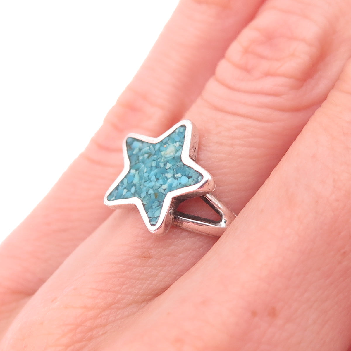 Old Pawn 925 Sterling Silver Vintage Turquoise Inlay Star Tribal Ring Size 4.75