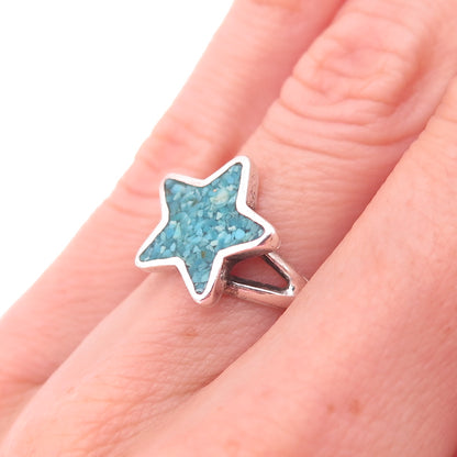 Old Pawn 925 Sterling Silver Vintage Turquoise Inlay Star Tribal Ring Size 4.75