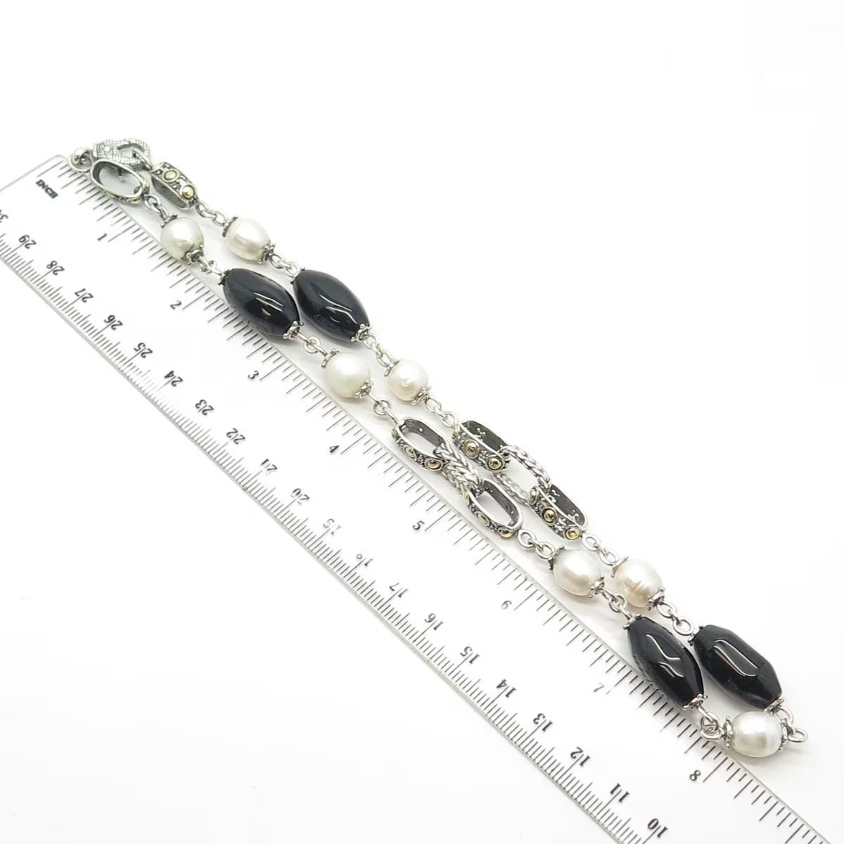 925 Sterling Silver 14K Gold Vintage Real Pearl & Black Onyx Chain Necklace 16"