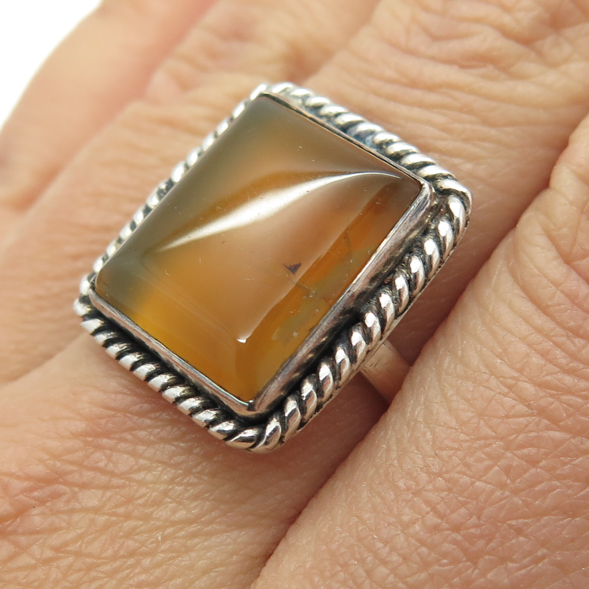 925 Sterling Silver Vintage Real Agate Southwestern Roped Ring Size 8