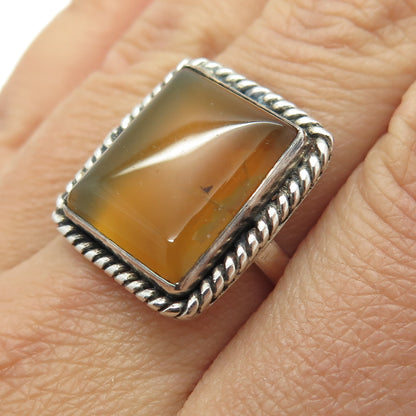 925 Sterling Silver Vintage Real Agate Southwestern Roped Ring Size 8