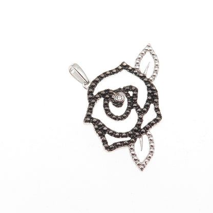 925 Sterling Silver Black Rhodium Real Diamond Accent Rose Floral Charm Pendant