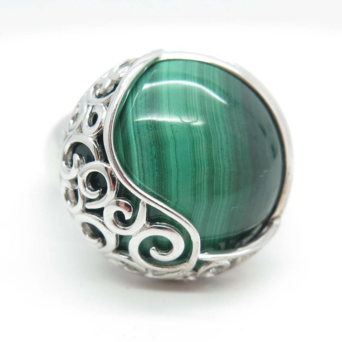 925 Sterling Silver Real Malachite Gemstone Ornate Ring Size 10