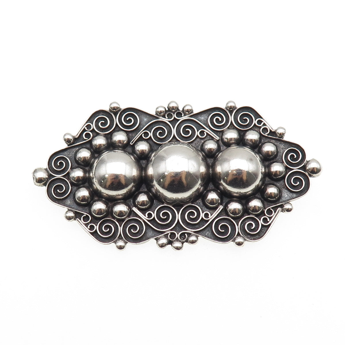 TOBIAS 925 Sterling Silver Vintage Mexico Swirl Beaded Oxidized Pin Brooch