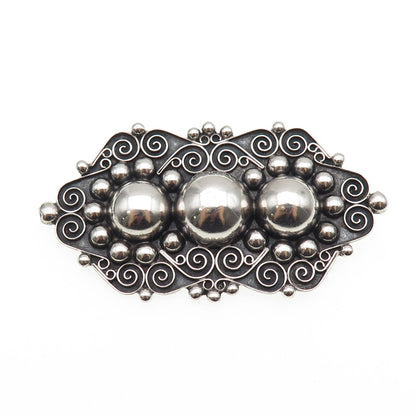 TOBIAS 925 Sterling Silver Vintage Mexico Swirl Beaded Oxidized Pin Brooch