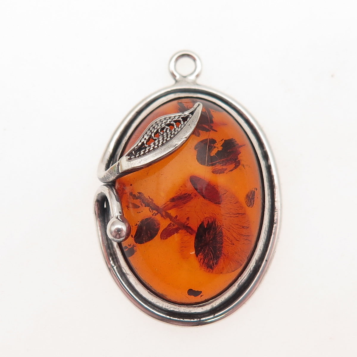925 Sterling Silver Vintage Real Amber Modernist Filigree Floral Charm Pendant