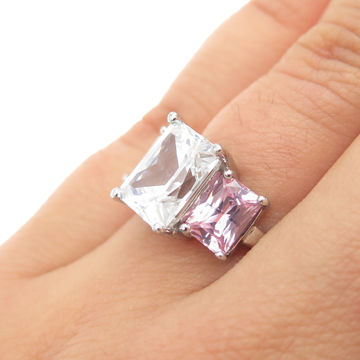 925 Sterling Silver Radiant-Cut Pink & White C Z Ring Size 6.25