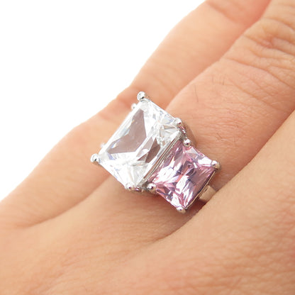 925 Sterling Silver Radiant-Cut Pink & White C Z Ring Size 6.25