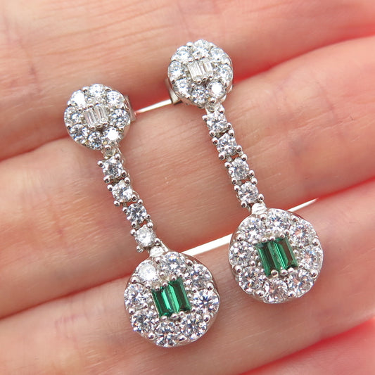 DSMK 925 Sterling Silver Emerald & Round-Cut Green White C Z Dangle Earrings