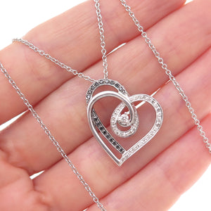 925 Sterling Silver Real Black & White Diamond Heart Cable Chain Necklace 18"