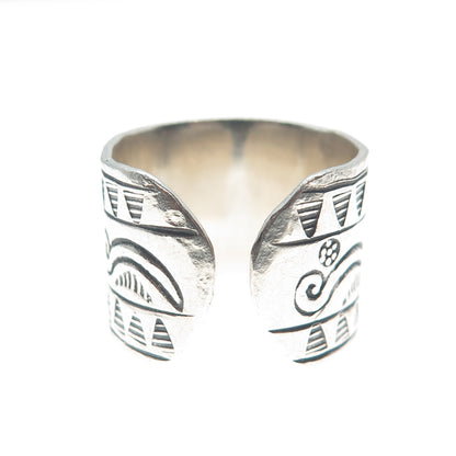 925 Sterling Silver Vintage Real Black Spinel Tribal Adjustable Ring Size 8.75