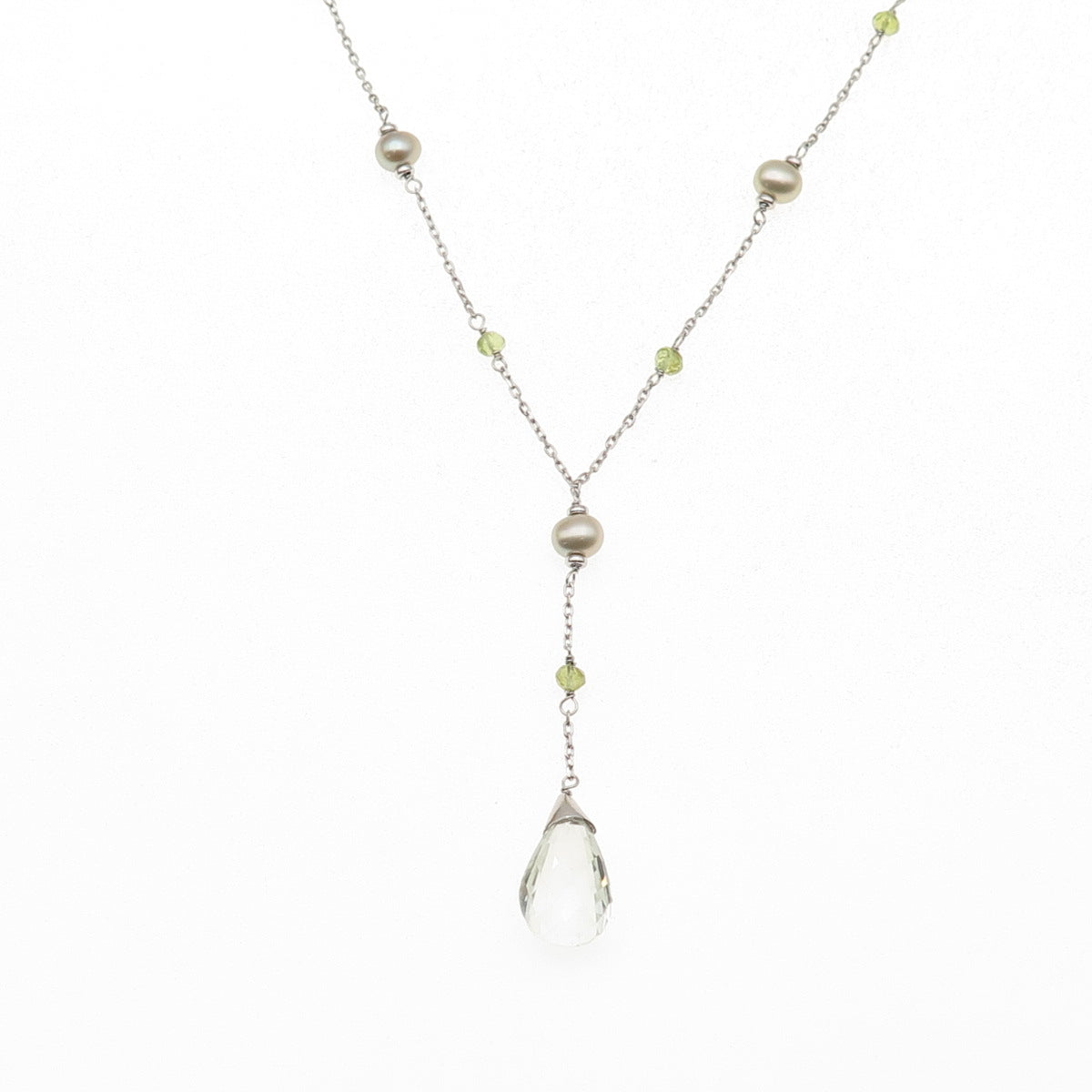 925 Sterling Silver Real Green Amethyst Peridot & Pearl Chain Necklace 16-18"