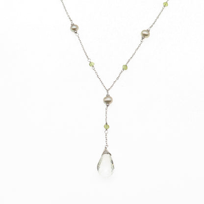 925 Sterling Silver Real Green Amethyst Peridot & Pearl Chain Necklace 16-18"