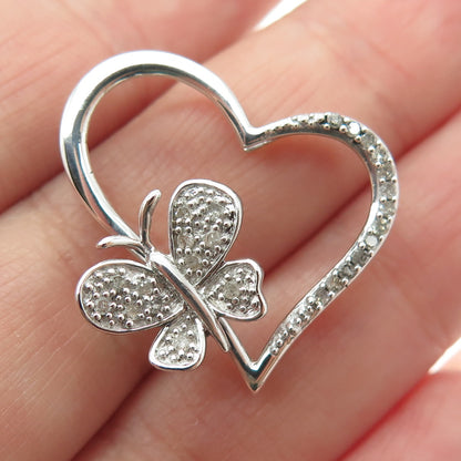 925 Sterling Silver Real Round-Cut Diamond Butterfly Heart Slide Pendant