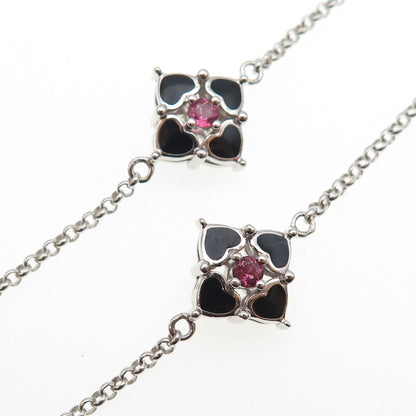 925 Sterling Silver Enamel Real Tourmaline Heart Flower Chain Necklace 32"