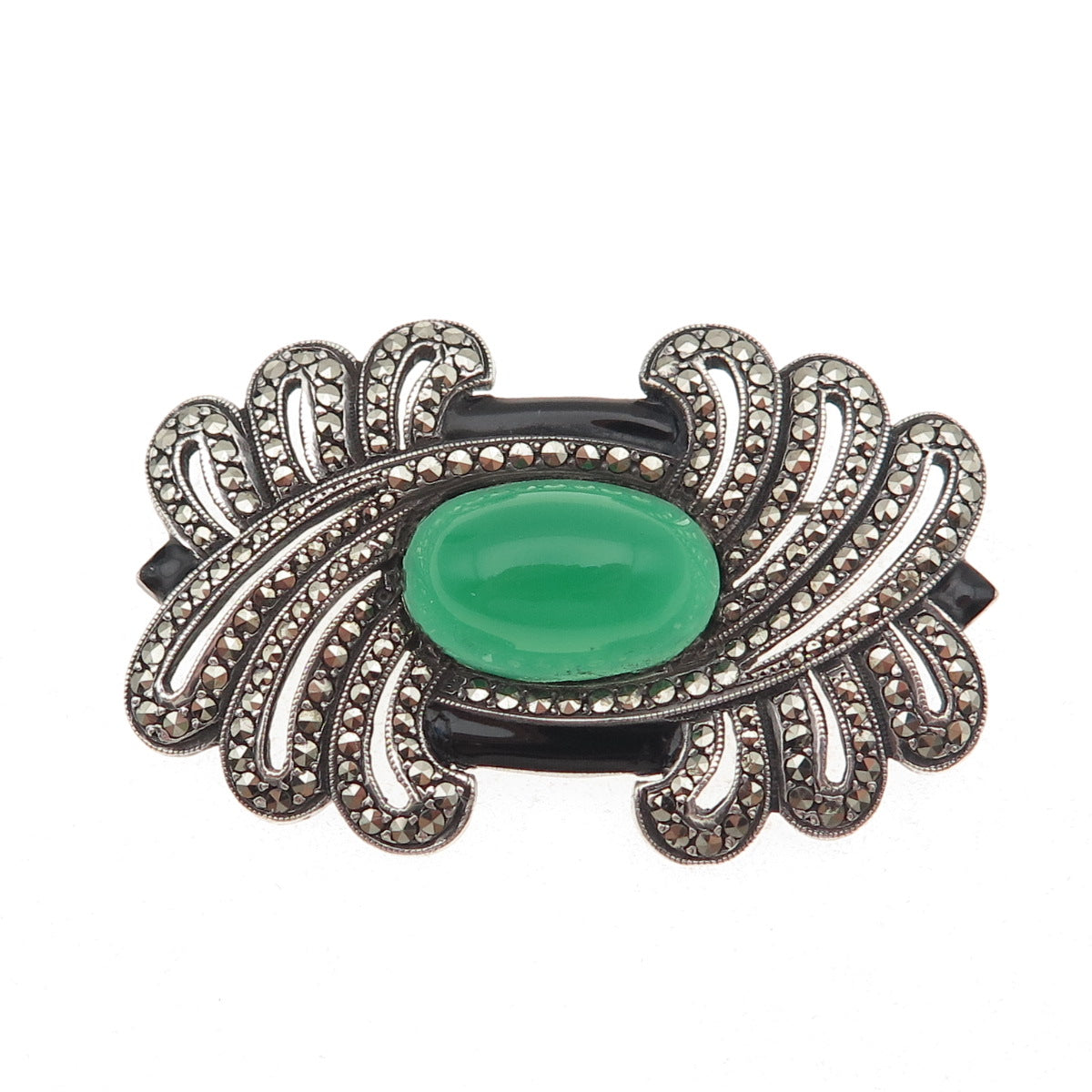 925 Sterling Antique Art Deco Real Black & Green Onyx Marcasite Pin Brooch