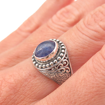 925 Sterling Silver Real Tanzanite Floral Oxidized Ring Size 9.25