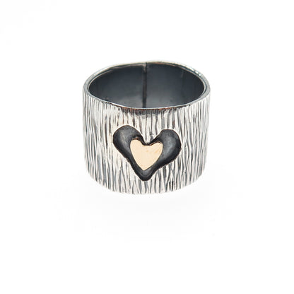 925 Sterling Silver & 14K Gold Vintage Modernist Heart Oxidized Ring Size 6.75