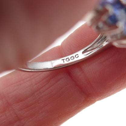 925 Sterling Silver Real Tanzanite & White Topaz Floral Ring Size 8