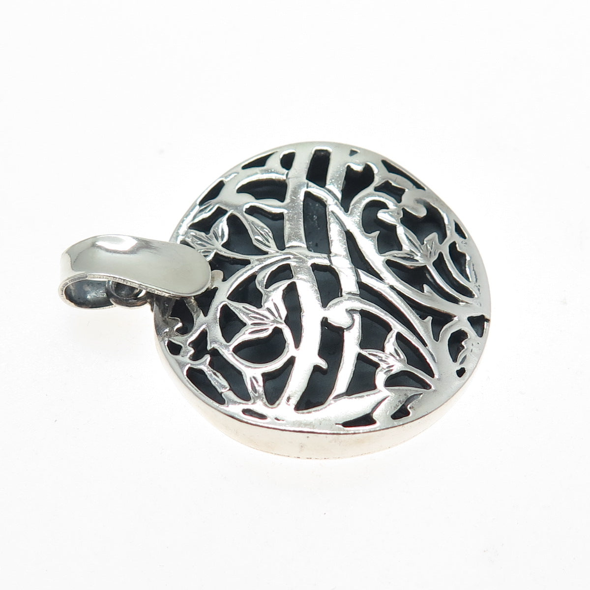 925 Sterling Silver Vintage Modernist Floral Oxidized Charm Pendant