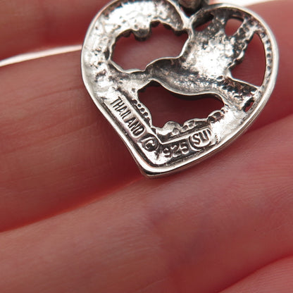 925 Sterling Silver Vintage Hummingbird Heart Oxidized Charm Pendant
