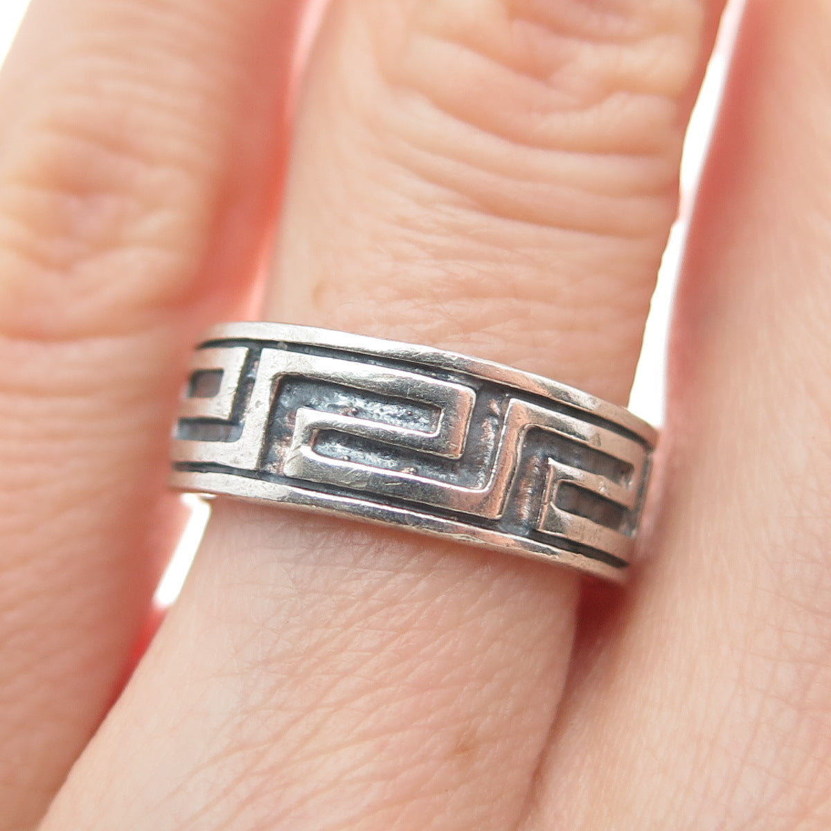 925 Sterling Silver Vintage Greek Key Oxidized Band Ring Size 6