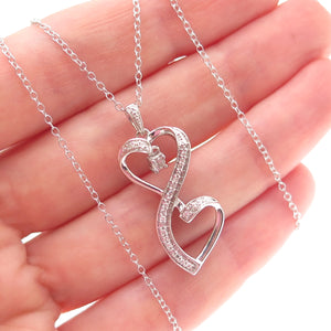 925 Sterling Silver Real Diamond Couple Heart Cable Chain Necklace 18"