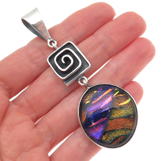 925 Sterling Silver Vintage Dichroic Glass Modernist Spiral Large Pendant
