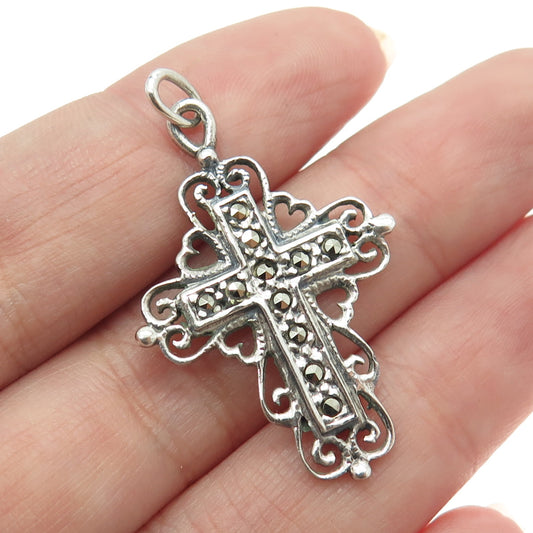 925 Sterling Silver Vintage Real Marcasite Gemstone Cross Pendant