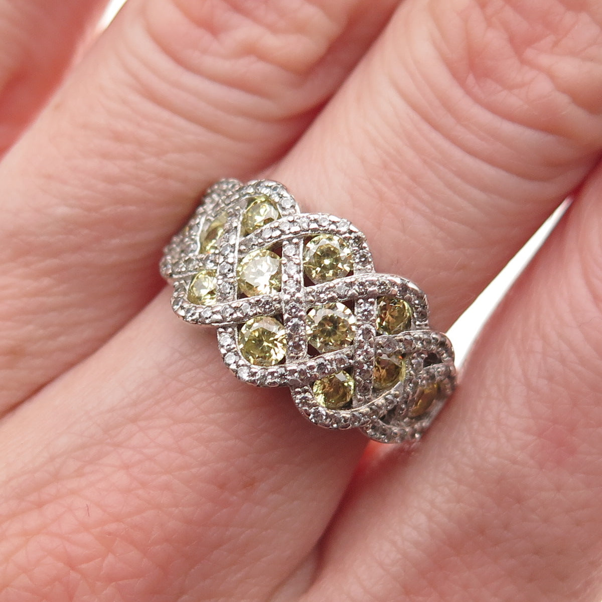 925 Sterling Silver Round-Cut Canary & White C Z Woven Ring Size 7