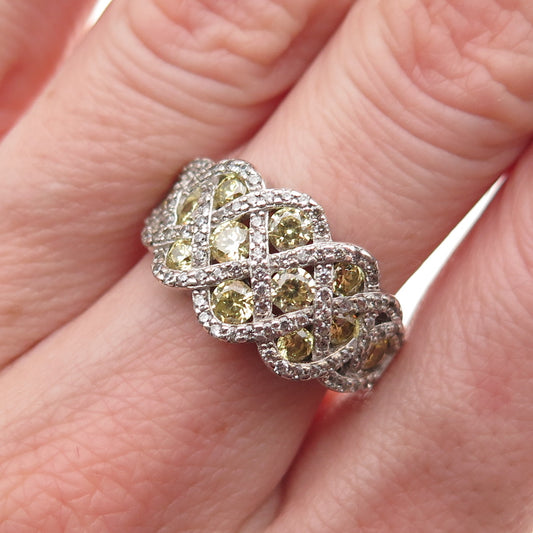925 Sterling Silver Round-Cut Canary & White C Z Woven Ring Size 7
