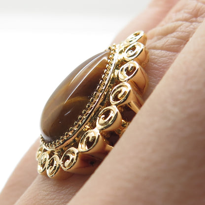 ROSS SIMONS 925 Sterling Silver Gold Plated Real Tiger Eye Spiral Ring Size 6