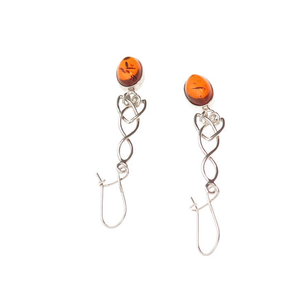 925 Sterling Silver Vintage Real Amber Celtic Trinity Dangle Earrings