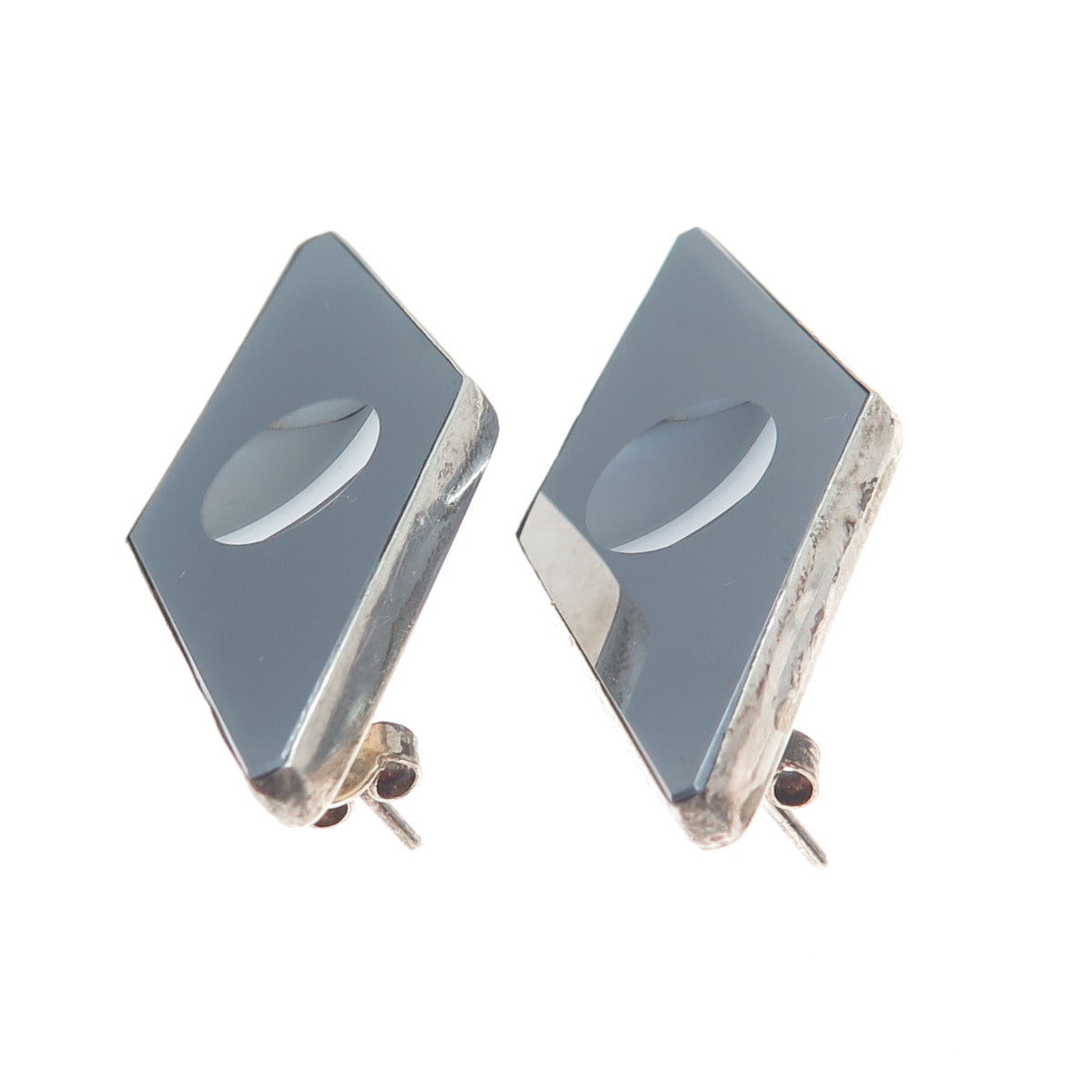 925 Sterling Silver Vintage Poland Real Hematite Modernist Oxidized Earrings