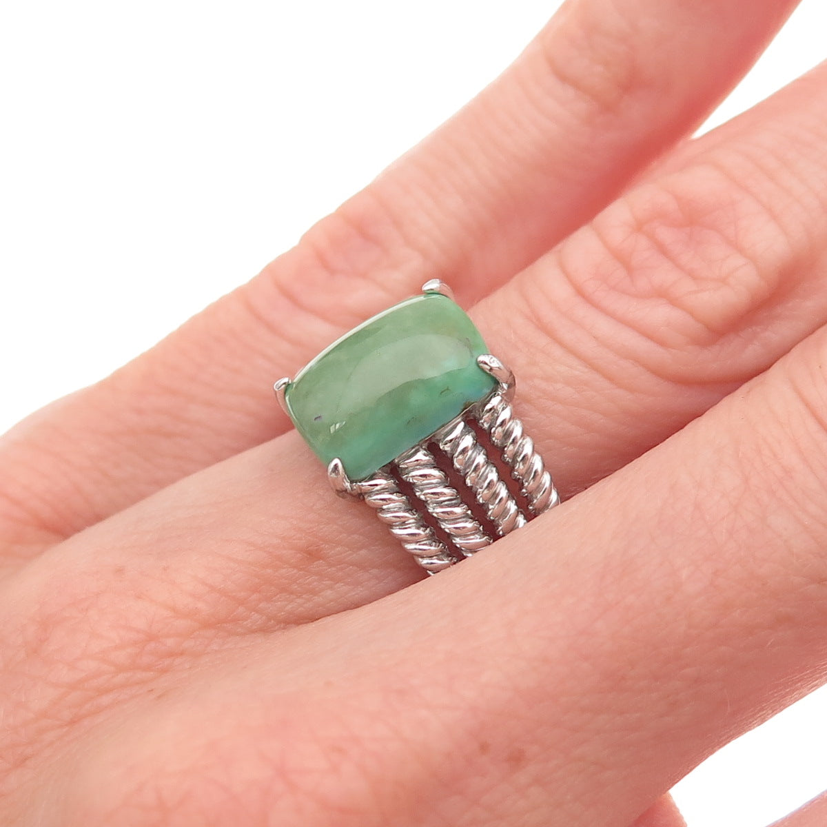925 Sterling Silver Real Royston Turquoise 3-Row Ring Size 6